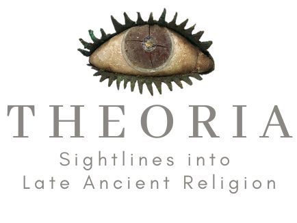 Image with the logo of the new series that says THEORIA: SIGHTLINES INTO LATE ANCIENT RELIGION below a ceramic eye with bronze eyelashes that would have been used in ancient statues. 