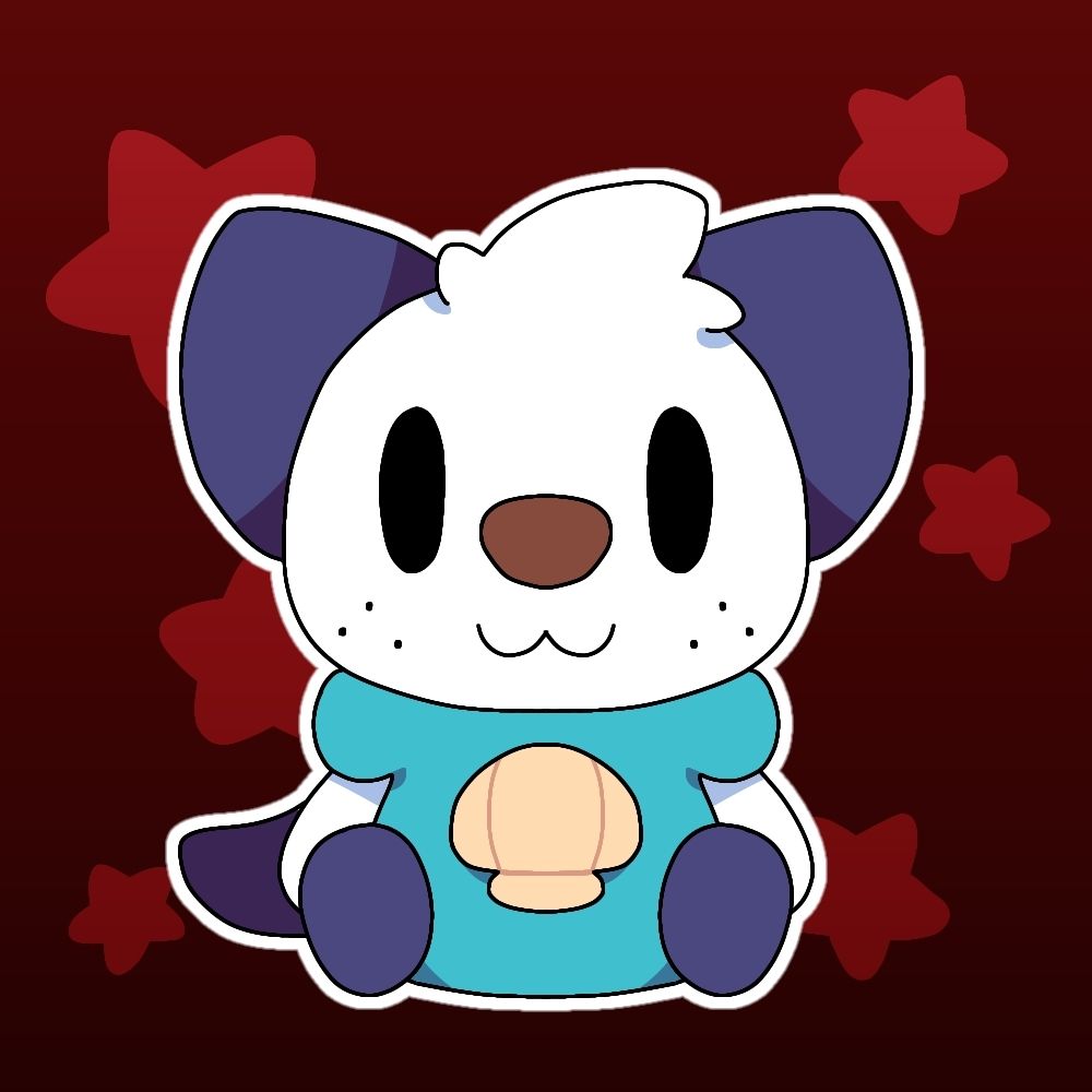 A simple Oshawott digital art, with dark and thin line-like eyes, sitting like a plushie in a red background with star patterns