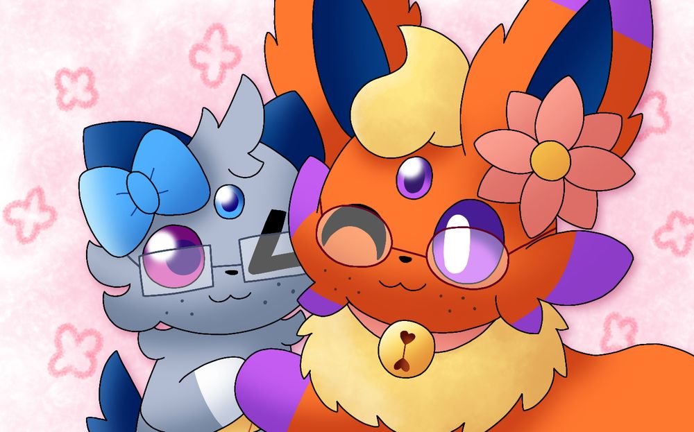 An Oshawott-Espurr fusion with glasses, a blue bow and a blue gem on their forehead nuzzling with a Flareon-Espeon fusion with glasses, a flower on her head and a bell collar