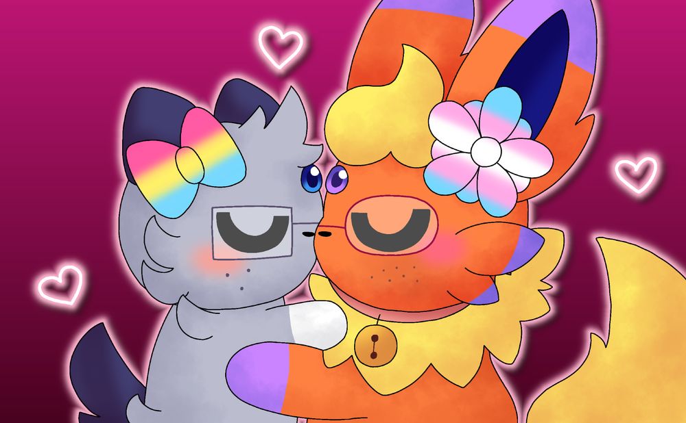 An Oshawott Espurr hybrid wearing a bow colored like a pansexual flag and a Flareon Espeon hybrid wearing a flower colored like a transgender flag kissing each other.