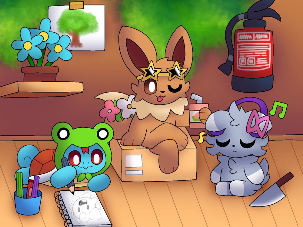Three small Pokémon hanging out together in a treehouse. On the left, A Squirtle with a froggy hat is doodling a Clefairy in his sketchbook. On the middle, an Eevee with star-shaped sunglasses is sitting cross-legged on a cardboard box while drinking Pecha Berry juice. On the right, an Espurr with a pink ribbon and earphones listening to music peacefully, next to a knife on the floor within arm's reach. There is a fire extinguisher on the wall.
