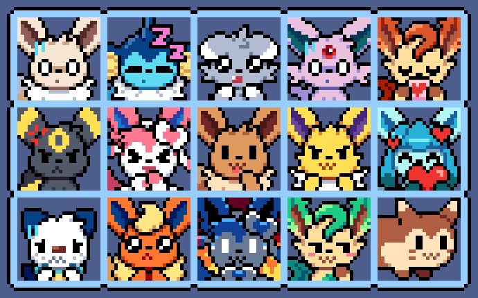 A grid of multiple pixel art Pokémon emotes, all with different expressions