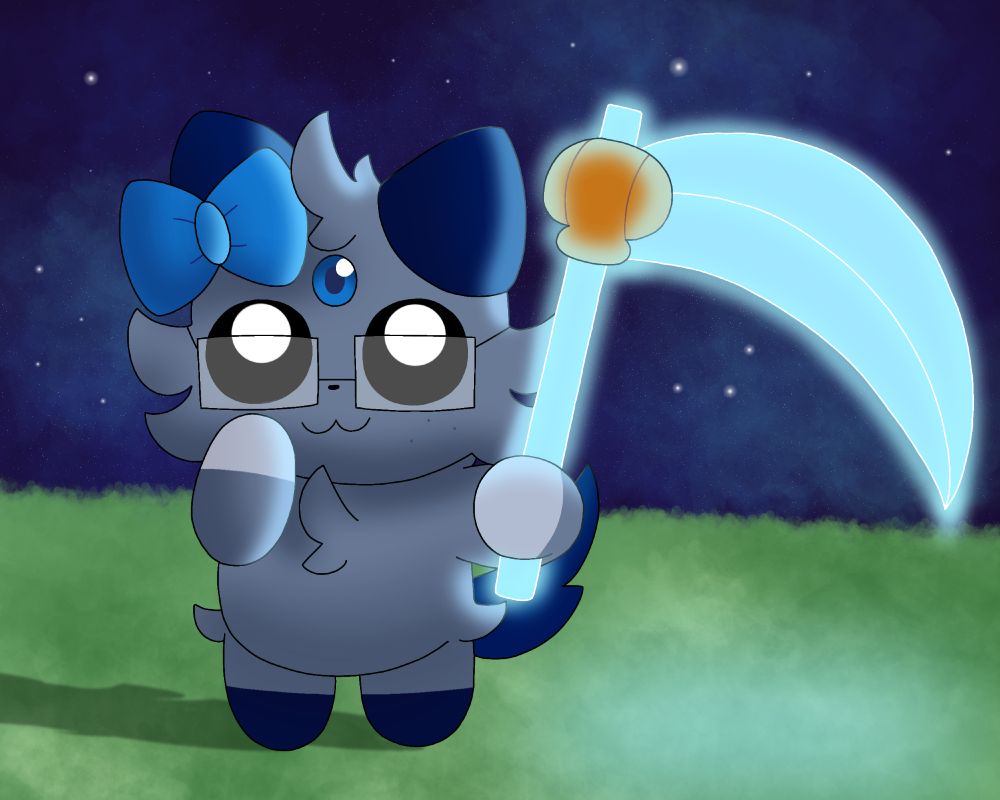 An Espurr Oshawott hybrid holding a glowing blue scythe made of psychic energy. On the connection between the shaft and the blade there is an Oshawott shell, from which the energy that makes up the scythe comes from. The background is a starry night sky.