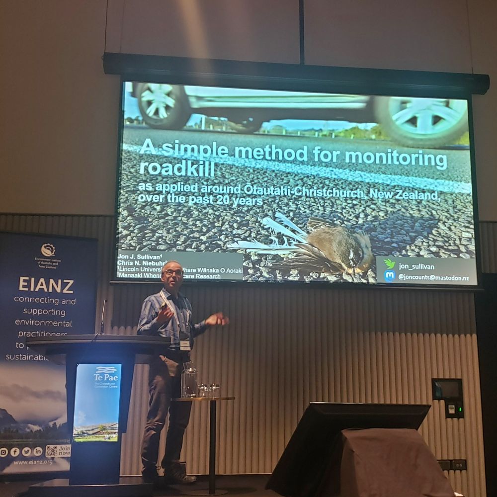 Jon Sullivan speaking at the 2023 Australasian Network for Ecology and Transportation (ANET) Conference on road-kill of native NZ birds.
