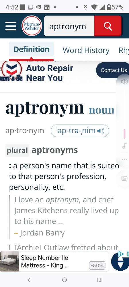 A screenshot of the Webster's dictionary definition of "aptronym."
"aptronym
noun
ap·tro·nym ˈap-trə-ˌnim 
plural aptronyms
: a person's name that is suited to that person's profession, personality, etc."