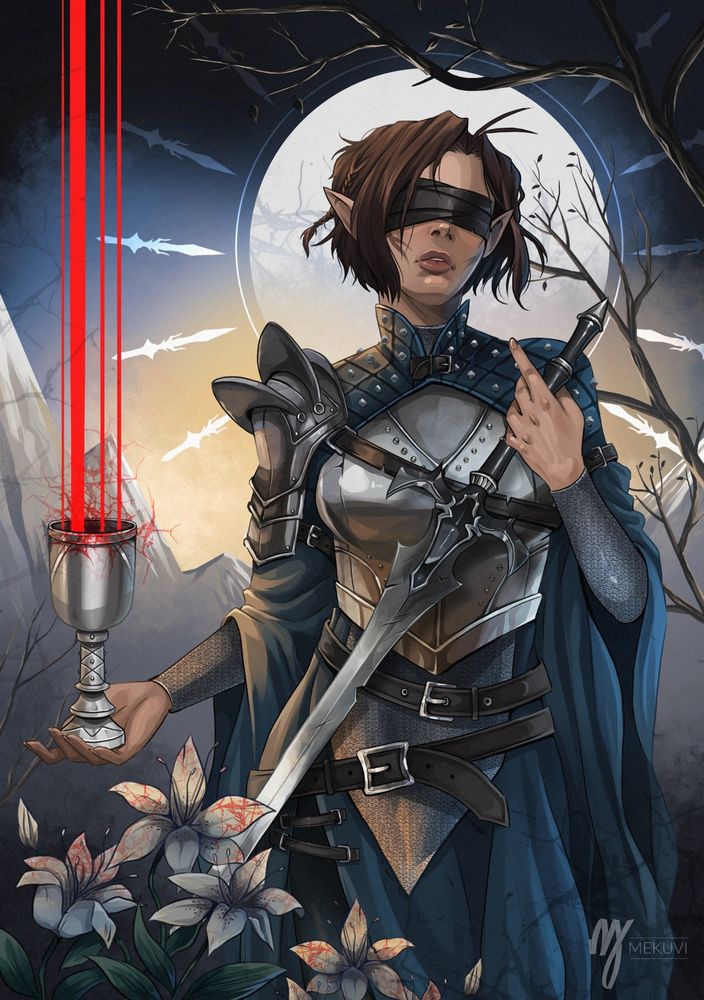 Kallian holding a sword and the grey warden joining chalice.