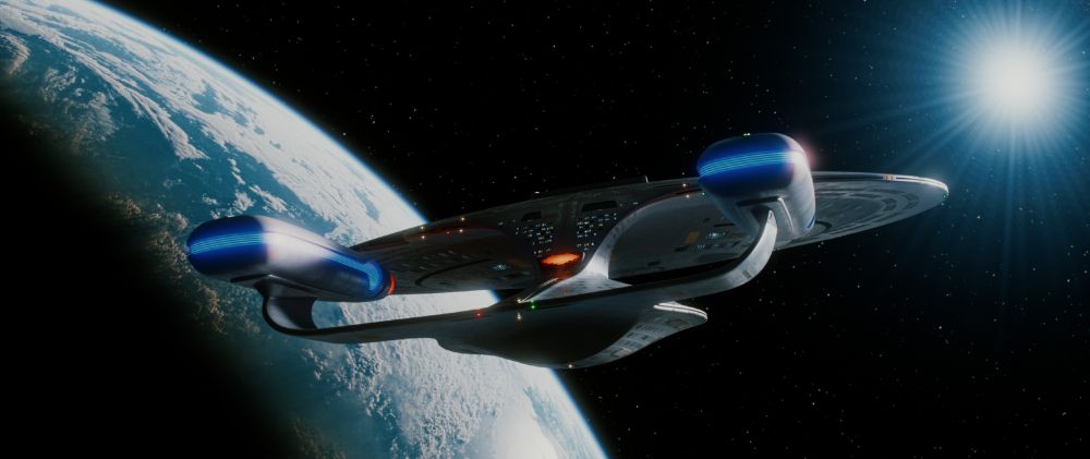 The USS Enterprise in orbit of Veridian III. A recreation of a shot of the movie Star Trek: Generations