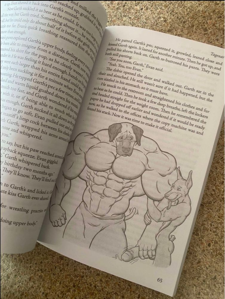 Fic de boys love só que furry, com um desenho explícito dos personagens ocupando metade da página