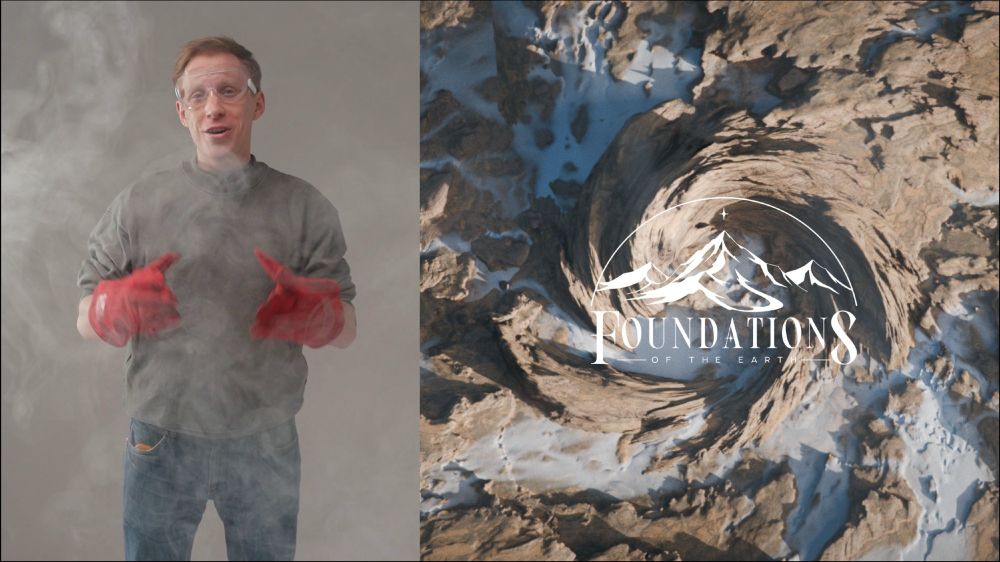 Twisted mountains 3d render, Foundations of the Earth; Gleb Alexandrov in red fireman's gloves