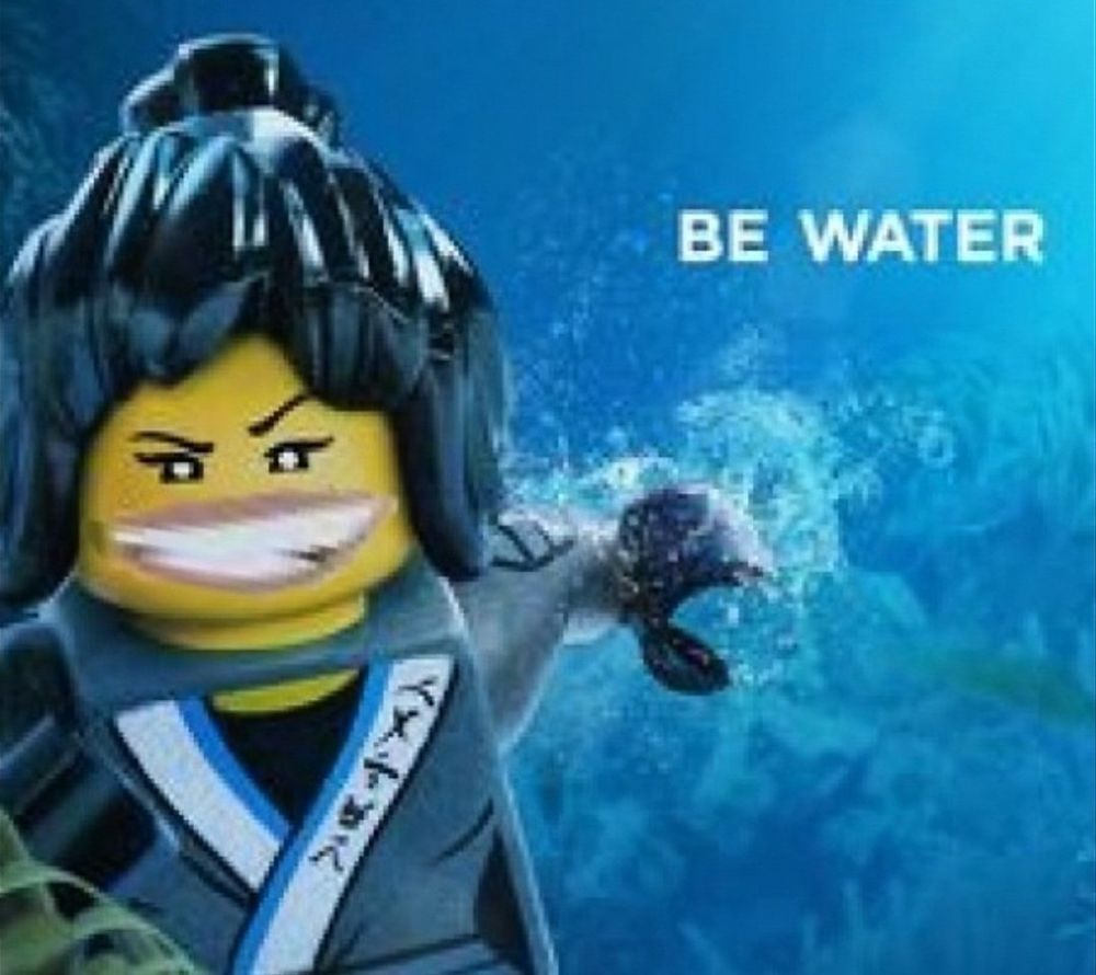 A cursed version of the Be Water poster with Nya’s mouth edited to be preposterously wide