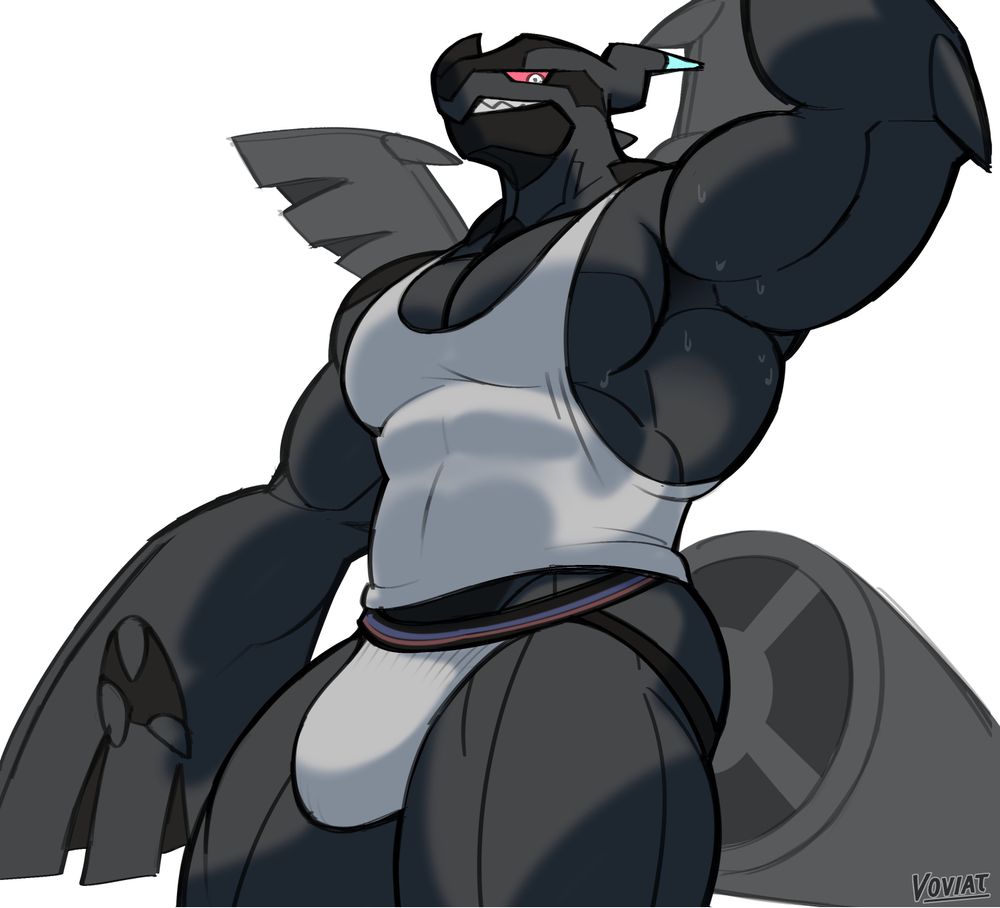 suggestive art of a muscular Zekrom in a tank top and jockstrap 