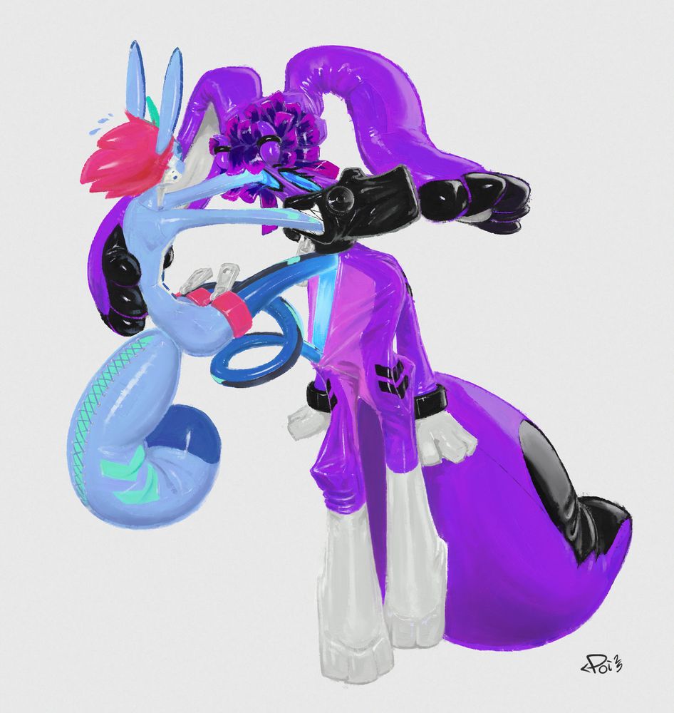 Pepper (left) and Ayase (right) being very twisty and stretchy together, Pepper's arms sort of clipping through Ayase's eye and mouth, stretching her head wide, and Pepper's legs twisting into Ayase's open front zipper, stretching it open and sliding down her suit legs.
