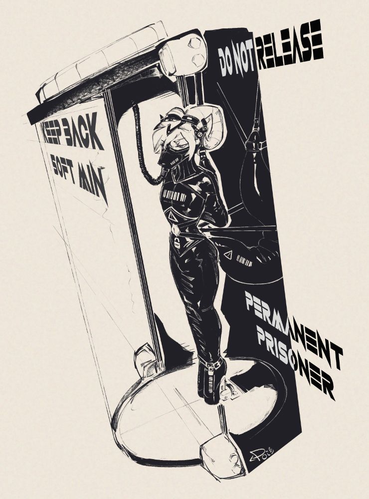 Raiko is dressed in a restrictive latex bondage prison outfit, arms held in reverse prayer with a special armbinder. They're decorated throughout with warning symbols and barcodes, their ballet heels bolted to floor, and straps connecting various D-rings on their outfit to walls of their holding cell. Text at the sides of their holding cell reads, "Keep back 50ft. min," "Do not release," and "Permanent prisoner."