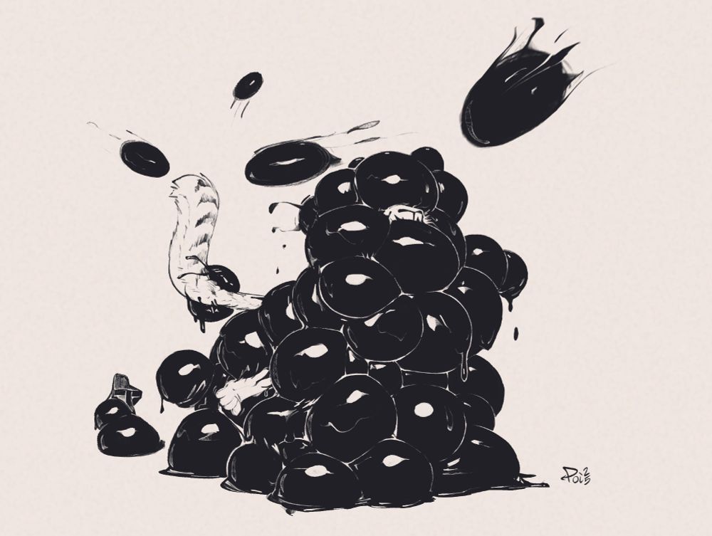 Chaz getting stuck in a pile of goopy adhesive orbs being fired from all directions (similar to that one scene in The Incredibles, yes). Only her snoot, right foot, and tail are still visible, with her sandal (previously on the stuck-out paw) stuck in an orb a little ways back. 