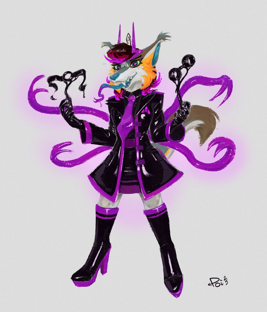 A wolfcat named DX-J brandishing their tentacles and conjuring up some goopy bondage gear likely intended for the viewer.