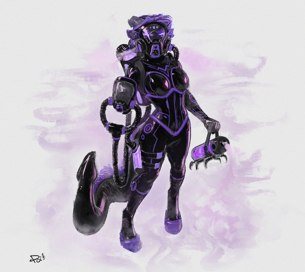 Kyr in a purple and black latex outfit, surrounded in a pink-purple mist. Some of it seems to eject from hir gasmask filter, while some pours out from a canister shi holds filled with a mysterious purple fluid. Shi appears to offer a matching gasmask to the viewer, though with attached corrugated tubing that attaches somewhere on the tank Kyr totes over one shoulder.