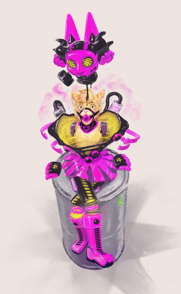 Gzi, an orange cat, getting tentacle suited by a hazmat/cheerleader variant of Demon Simmy, Simmy's gasmask hood/head being slowly lowered by one pair of their floating hands over Gzi's gagged head. Gzi's arms are also hidden away by a pair of purple dimensional portals, belonging to Simmy, and used to control their floating hands. The pair sit atop a metal barrel with a little drop of nonspecific green goop leaking from the lid.