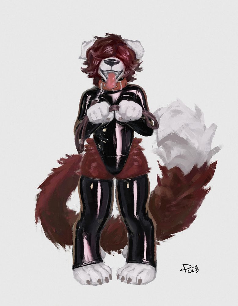 CCWoof's doggy character in a black latex outfit and leash in hands, looking excitedly at the viewer.