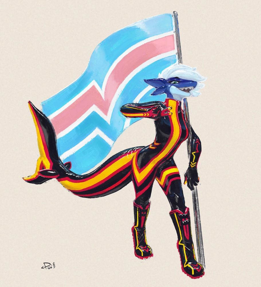 Kai dressed in a rubber pride themed catsuit & boots posing with a large trans rubber pride flag