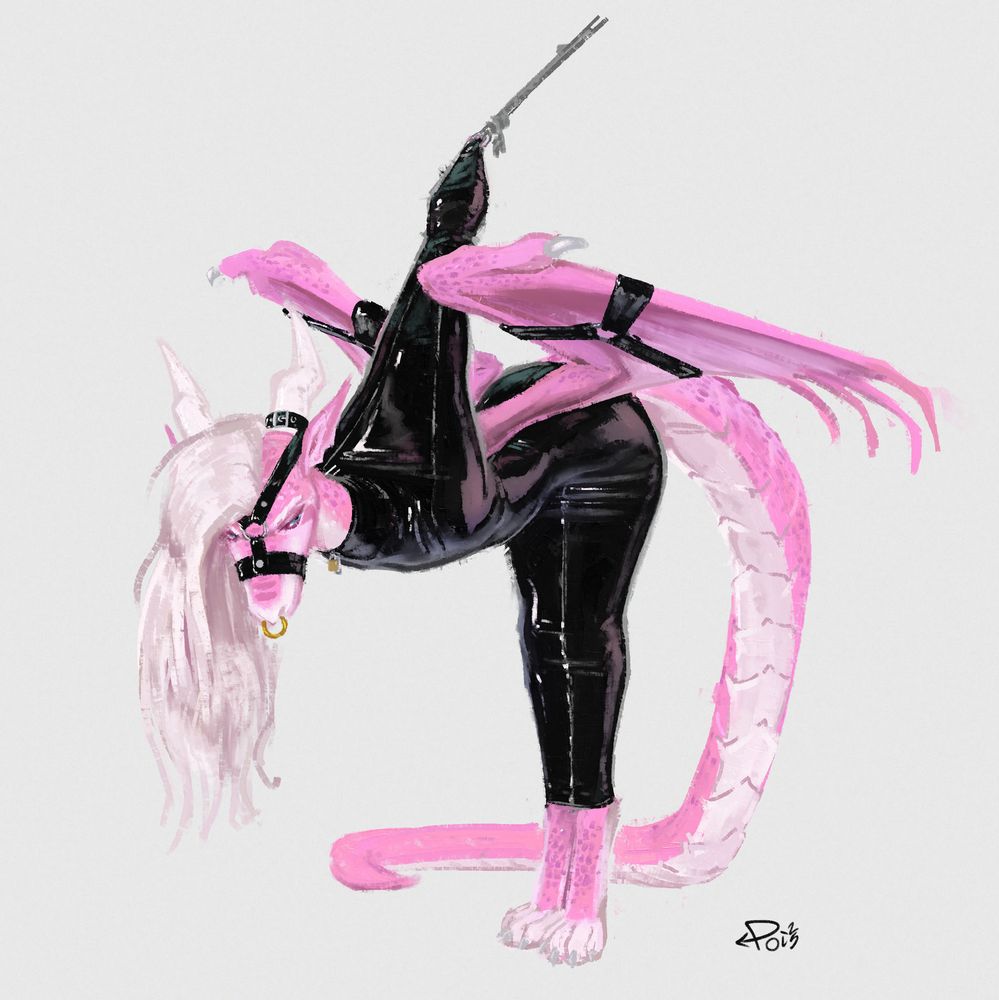 A pink dragon bound up in an armbinder+hobble dress, arms kept raised with a rope tied somewhere high. Their annoyed expression is framed with a black rubber head harness. Their wings are each bound with a triad of straps.