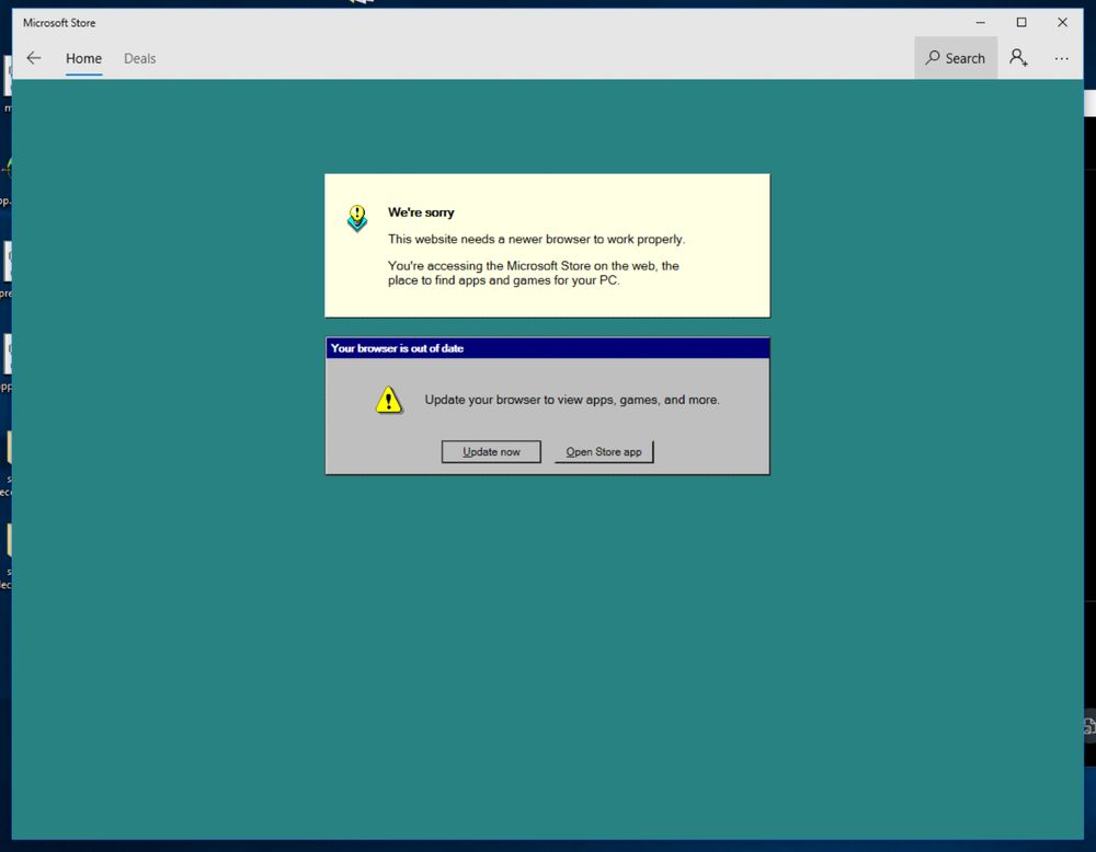 A screenshot of the Microsoft Store with an "unsupported browser" error inside the app.