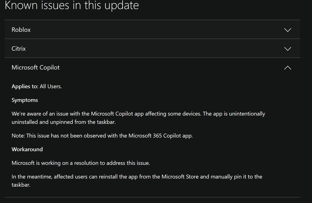 A screenshot showing known issues. Microsoft Copilot is expanded to show details.