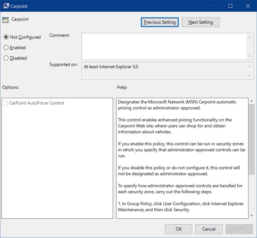 A screenshot showing a Group Policy popup for Carpoint showing details.