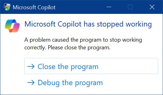 A screenshot of an error happened with Microsoft Copilot.