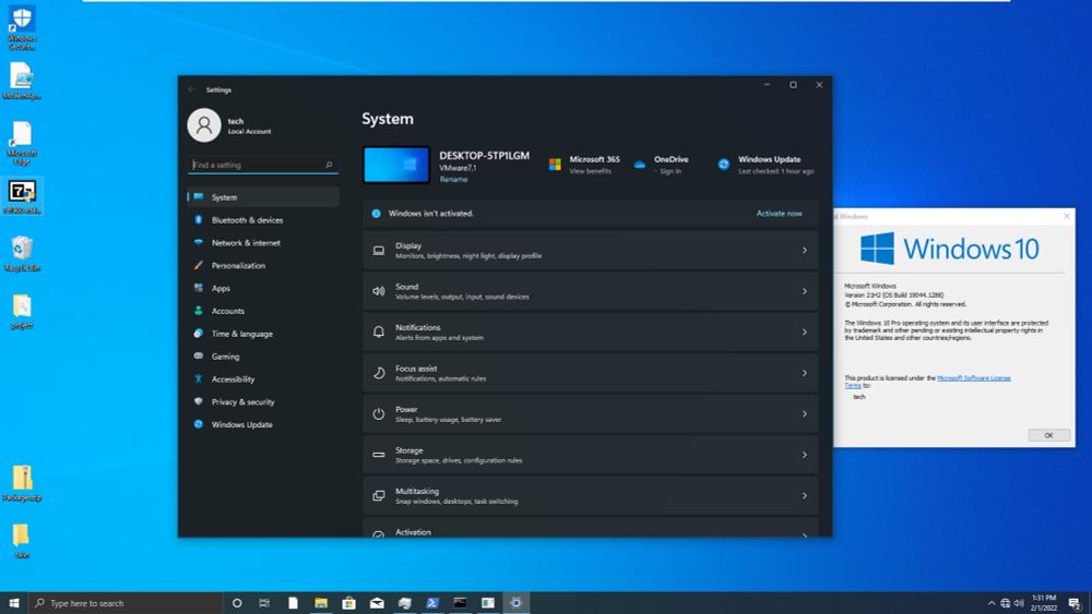 A screenshot showing two opened windows on Windows 10, the Settings app from Windows 11, is shown in the middle. The right side shows a Windows 10 winver window.