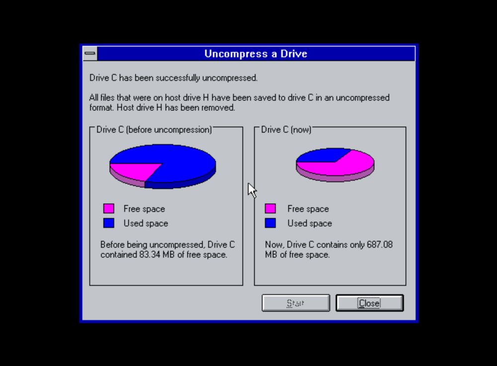 A screenshot showing Uncompress a Drive with two pie charts of used/free space on hard drive.