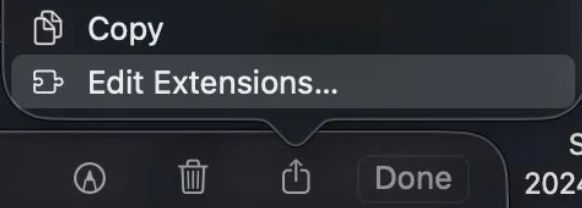 A screenshot of macOS Tahoe's share sheet, with the Edit Extensions button highlighted.
