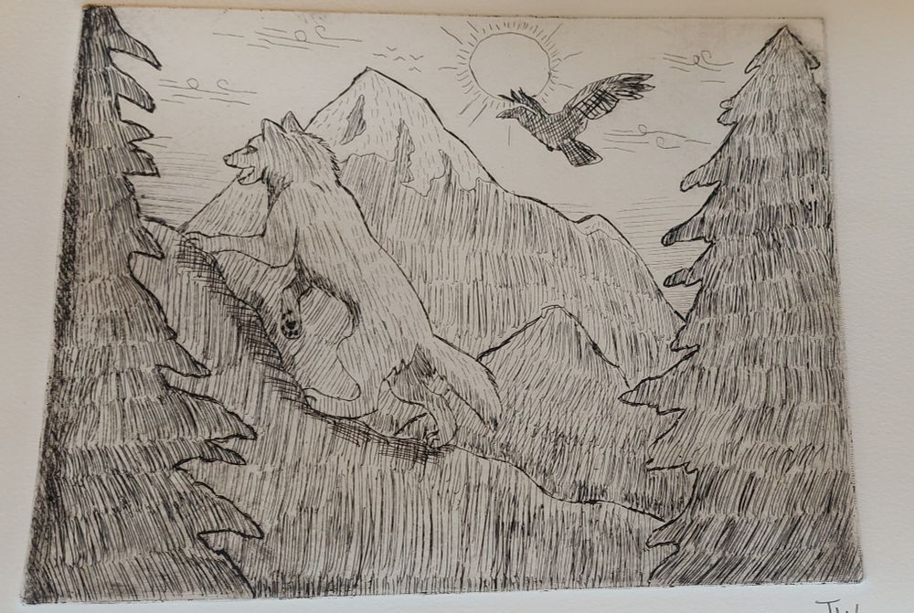 A wolf climbing a cliff side with a raven overhead