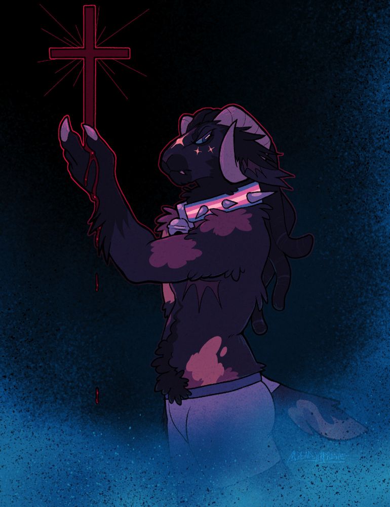 My fursona reaching up to a cross with it bleeding into his hand