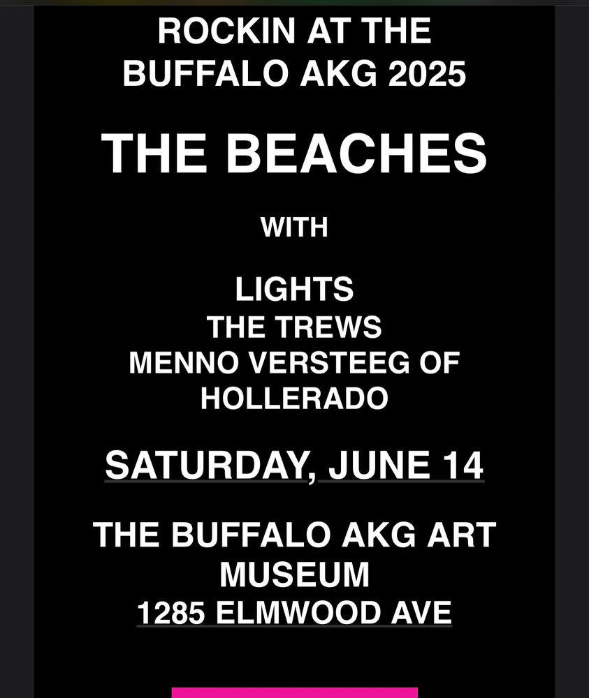 At screenshot of the part of an email advertising a concert at a local art museum featuring The Beaches, Lights, The Trews, and Menno Versreeg of Hollerado happening this Saturday. 