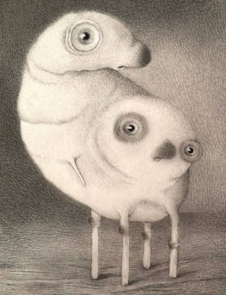 drawing of a 4 legged two headed creature looking at the camera 