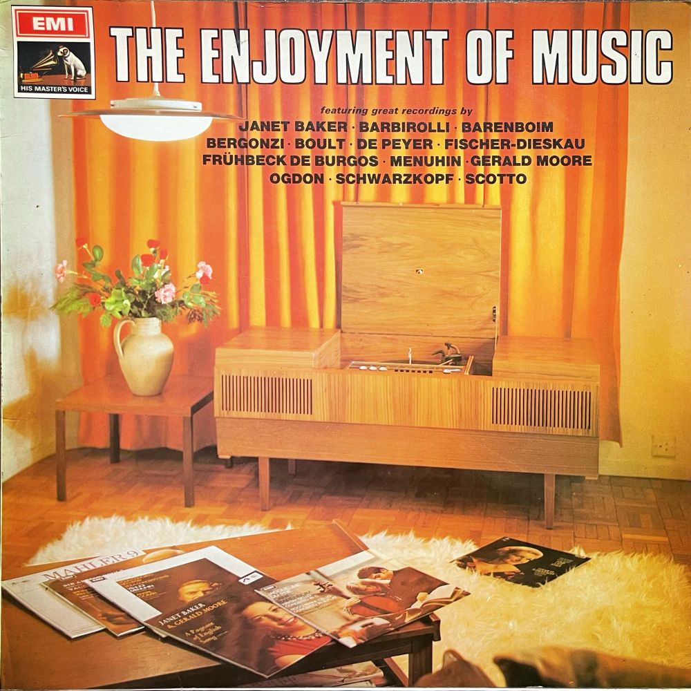 An LP sleeve from the sixties showing a cozy middle class living room with a stereogram and classical music LPs on the sheepskin rug