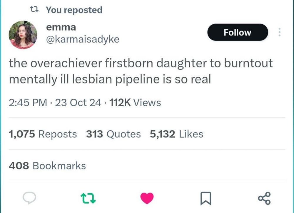 Screenshot of a tweet from Emma @karmaisadyke. Text reads “the overachiever firstborn daughter to burnt out mentally ill lesbian pipeline is so real.”

Whoever took the screenshot liked and retweeted but did not follow Emma, as is the way of things when posts unexpectedly go viral.