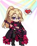 A pixel art avatar from Gaiaonline, depicting a pale, blonde man with purple eyes, glasses, and a ponytail, standing beneath rainbow colored stage lights. He wears a long black jacket with dark purple ruffles and pink flowers along the bottom. His whole outfit is black with some pink and dark purple accents. He is playing a purple guitar. A speech bubble besides him has a large red cartoon heart with white ellipsis superimposed on it.