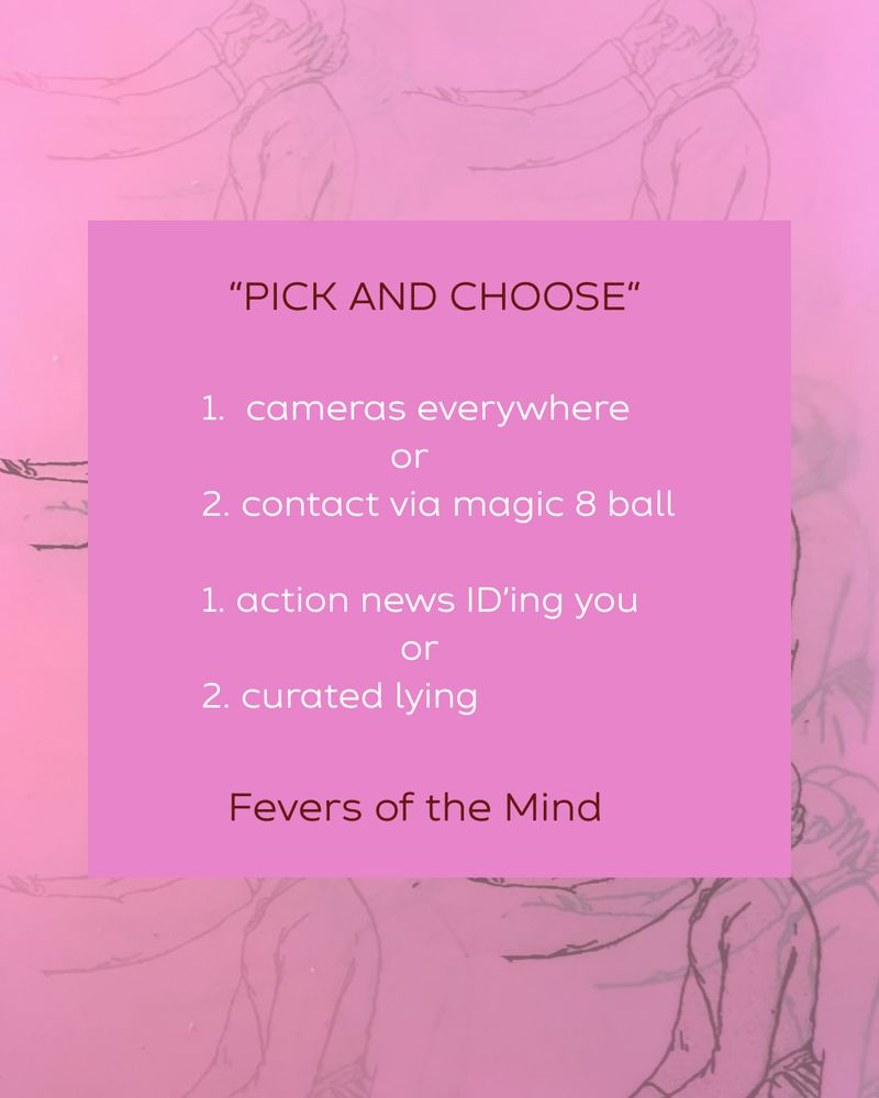 quote from the poem, "PICK AND CHOOSE":

"1.  cameras everywhere
                   or
2. contact via magic 8 ball

1. action news ID’ing you
                    or
2. curated lying"

originally seen in Fevers of the Mind
