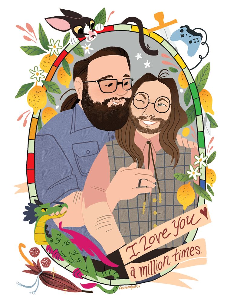 Portrait of a gay couple with their cat and their hobbies.