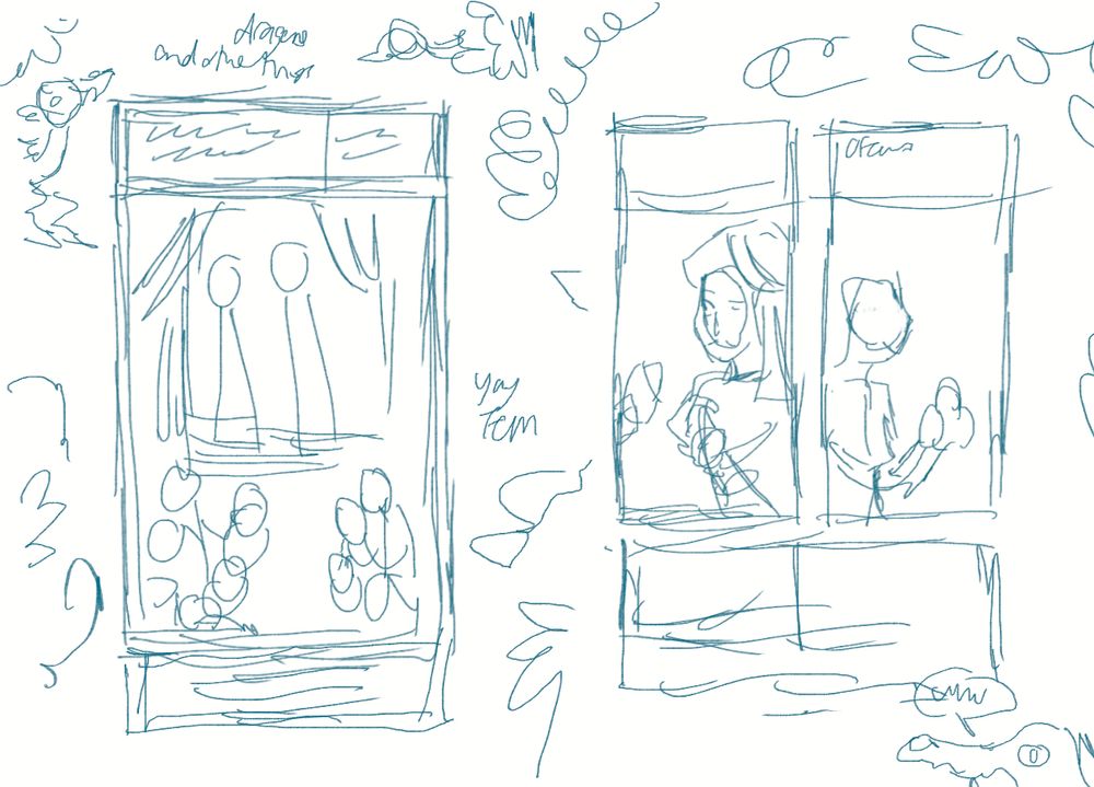 The 3 pictures I uploaded here are the layout in increasing stages of doneness. The first is quite scribbly and bland, the second is still kinda scribbly but has more construction (like, the panels used look architectural) and the third is the second but cleaned up in thin brown lineart. The layout tells the story of how Alexander's mother married the Shah of Persia as part of a diplomatic parley involving a hundred thousand golden eggs, each containing a jewel. All was well... until the Shah rejected her one day.