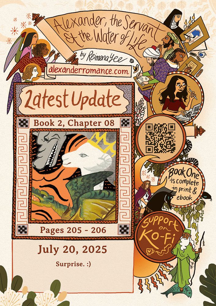 The card is supplementary to the post, but it's just a preview of the latest page (some dragons), links to the website, and some little blurbs reminding folks the printed edition of Book 1 is available and that they can also support me on Ko-fi. The card is framed by drawings of angels and artists from across eras, including a portrait of me, the sun and the moon, foliage, and Alexander, Bucephalus and the Servant riding atop a fish.