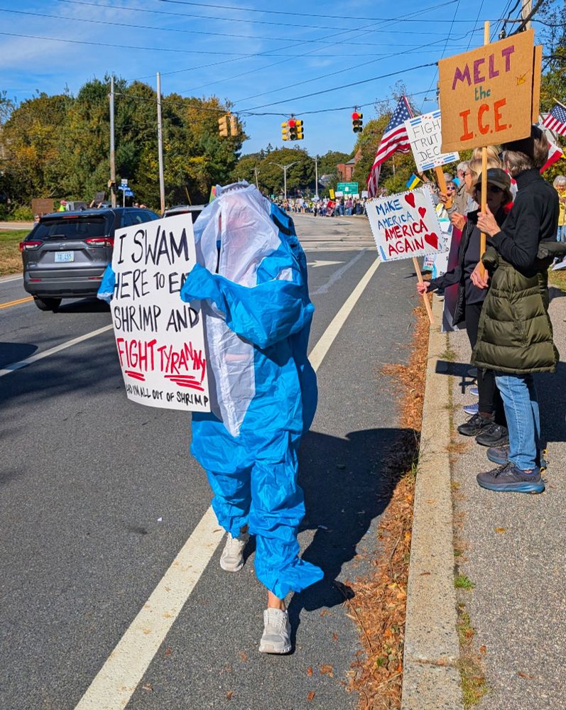 A protestor in a shark costume holds a sign reading, "I swam here to eat shrimp and FIGHT TYRANNY and I'm all out of shrimp"