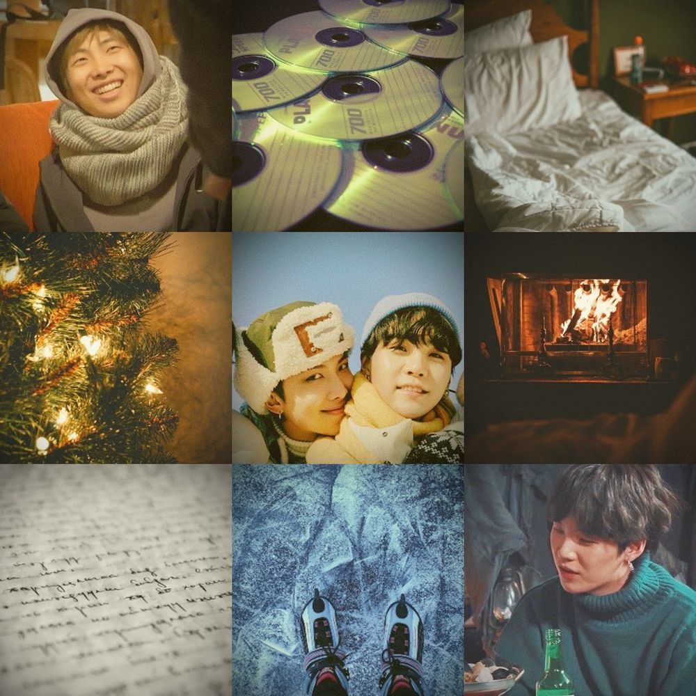 Moodboard with cozy winter vibes, including a bundled up Namjoon and Yoongi, along with CDs, a bed, Christmas tree lights, a fireplace, a notebook with lyrics, and ice skates.