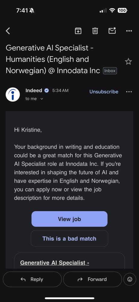 An Indeed job alert for a generative AI specialist who also has expertise in Norwegian. No idea why they thought I might have that skill. The closest I’ve come is learning extremely basic Swedish on Duolingo 5 years ago.
