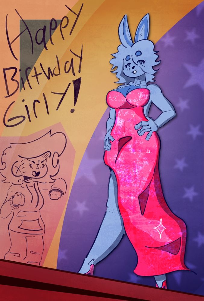 A blue rabbit, known as the fursona as the friend of mine this is for, walking on a simplified stage wearing the Jessica Rabbit costume. To the left is a doodle of my sona cheering, with text above saying "Happy Birthday Girly!" The overall photo represents and old polaroid photo, or at least I tried to make it look that way.