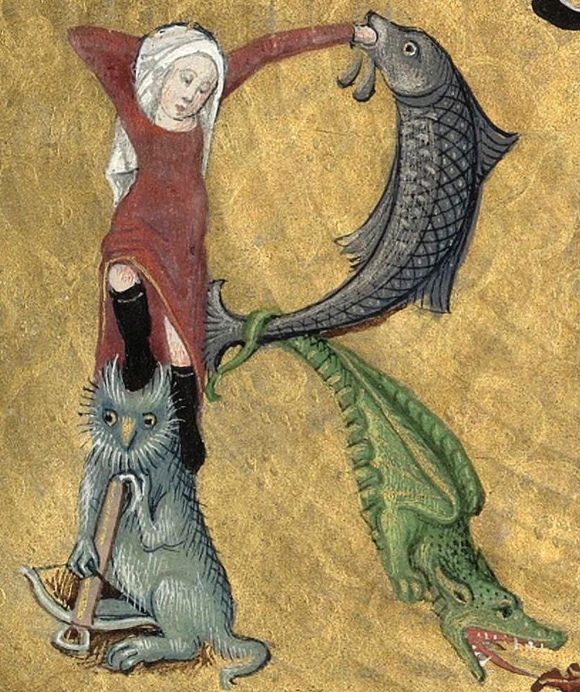 An R in the style of medieval illumination. 