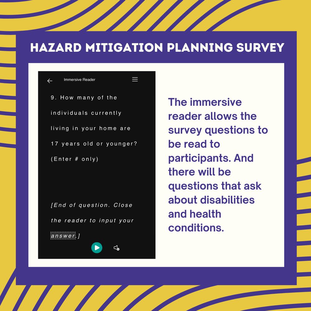 Pic of immersive reader script. 

Text: 

The immersive reader allows the survey questions to be read to
participants. And there will be questions that ask about disabilities and health conditions.