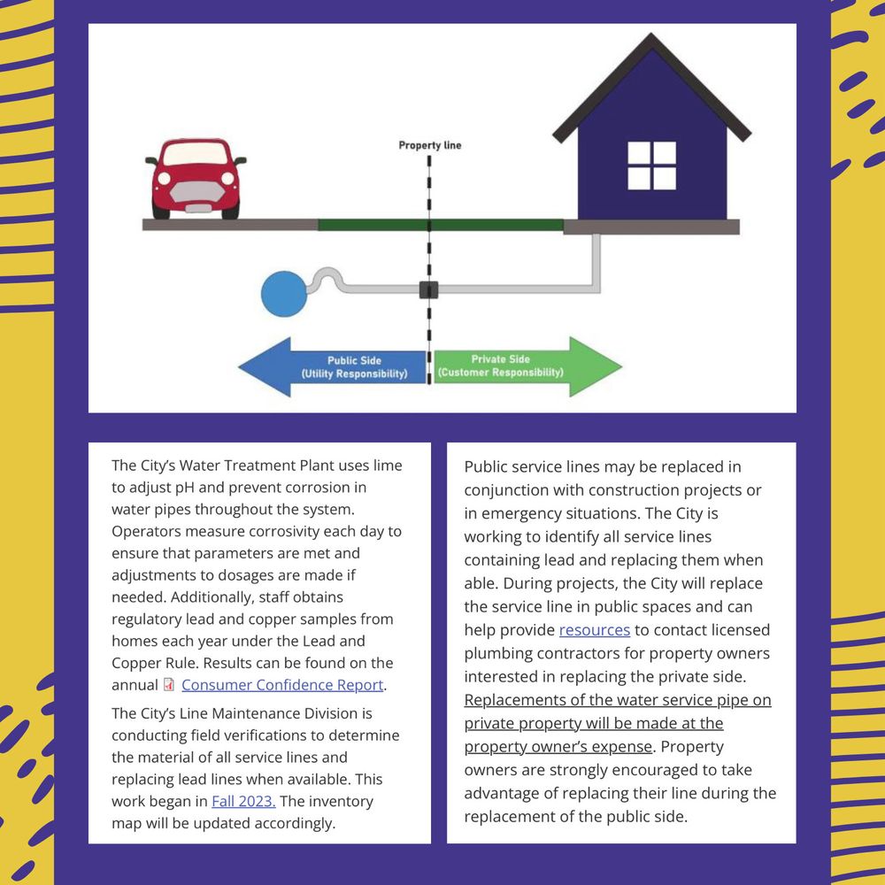 Top image breaks down responsibility based on public or private ownership. 

If the lead is on the public side, it is the utility’s responsibility.

If the lead is on the private side, it is the property owners responsibility.

Bottom left image text:

What is the City doing to reduce lead exposure in drinking water?

The City's Water Treatment Plant uses lime to adjust pH and prevent corrosion in water pipes throughout the system.
Operators measure corrosivity each day to ensure that parameters are met and adjustments to dosages are made if needed. Additionally, staff obtains regulatory lead and copper samples from homes each year under the Lead and Copper Rule. Results can be found on the annual & Consumer Confidence Report.

The City's Line Maintenance Division is conducting field verifications to determine the material of all service lines and replacing lead lines when available. This work began in Fall 2023. The inventory map will be updated accordingly.

Bottom right image text:

Can I have my service line replaced? 

Public service lines may be replaced in conjunction with construction projects or in emergency situations. The City is working to identify all service lines containing lead and replacing them when able. During projects, the City will replace the service line in public spaces and can help provide resources to contact licensed plumbing contractors for property owners interested in replacing the private side.
Replacements of the water service pipe on private property will be made at the property owner's expense. Property owners are strongly encouraged to take advantage of replacing their line during the replacement of the public side.

More info: https://www.normanok.gov/LSLI
