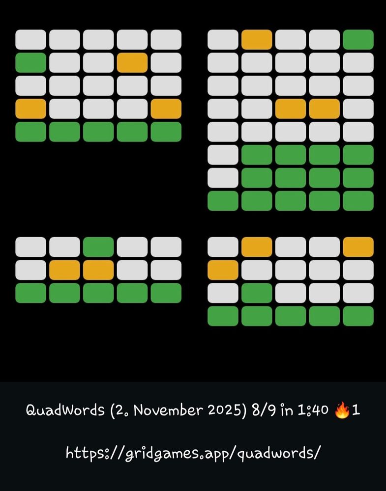 QuadWords (2. November 2025) 8/9 in 1:40 🔥1

https://gridgames.app/quadwords/